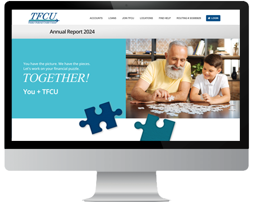 An iMac screen displays the web page for the TFCU Annual Report information of 2024.